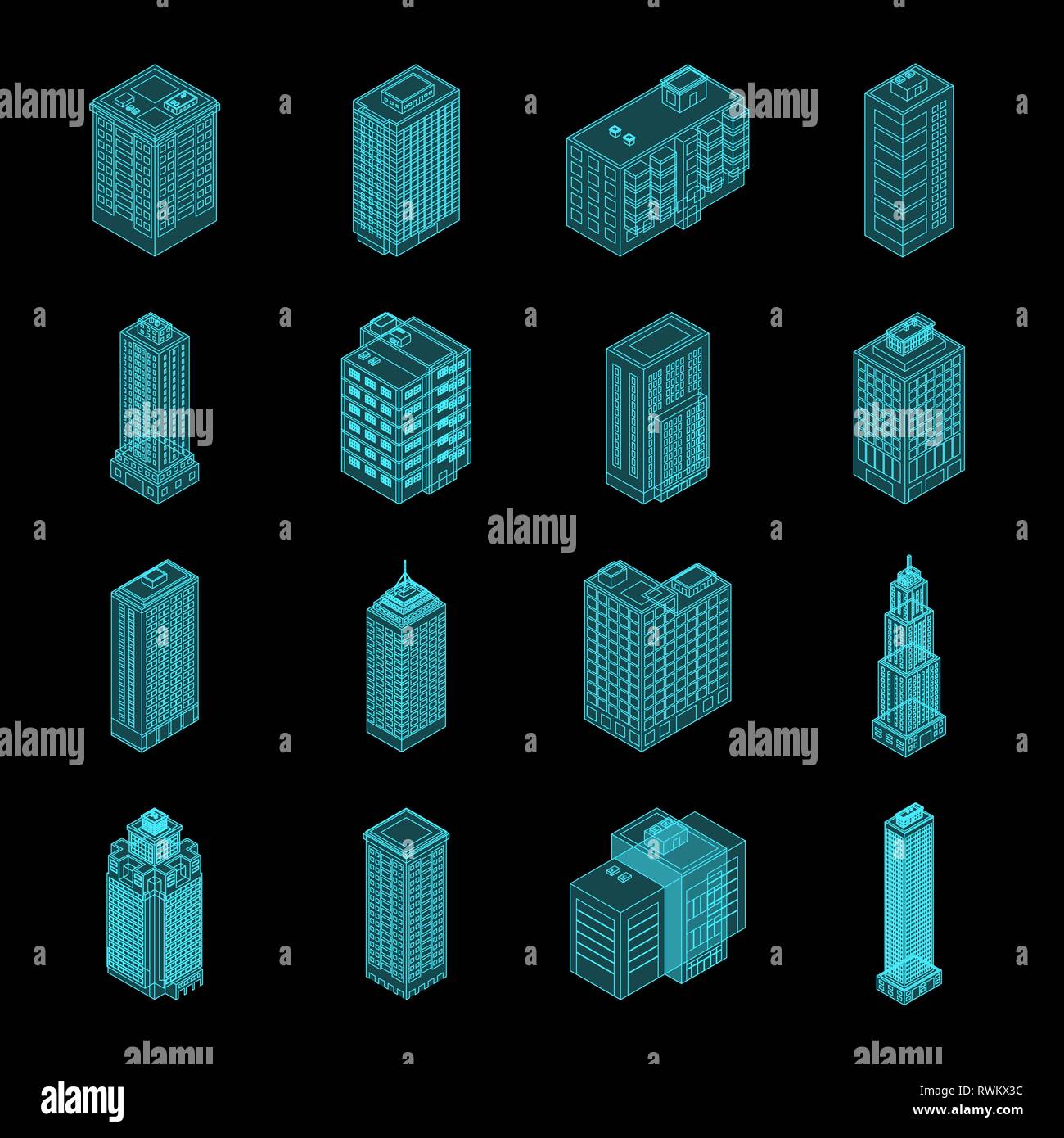 Vector Isometric Holography City Building Set Stock Vector Image & Art ...