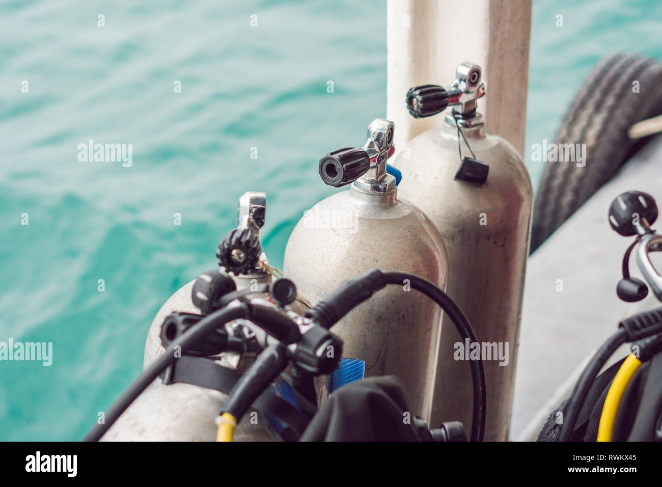 scuba compressed air tank on boat. Ready for diving Stock Photo Alamy