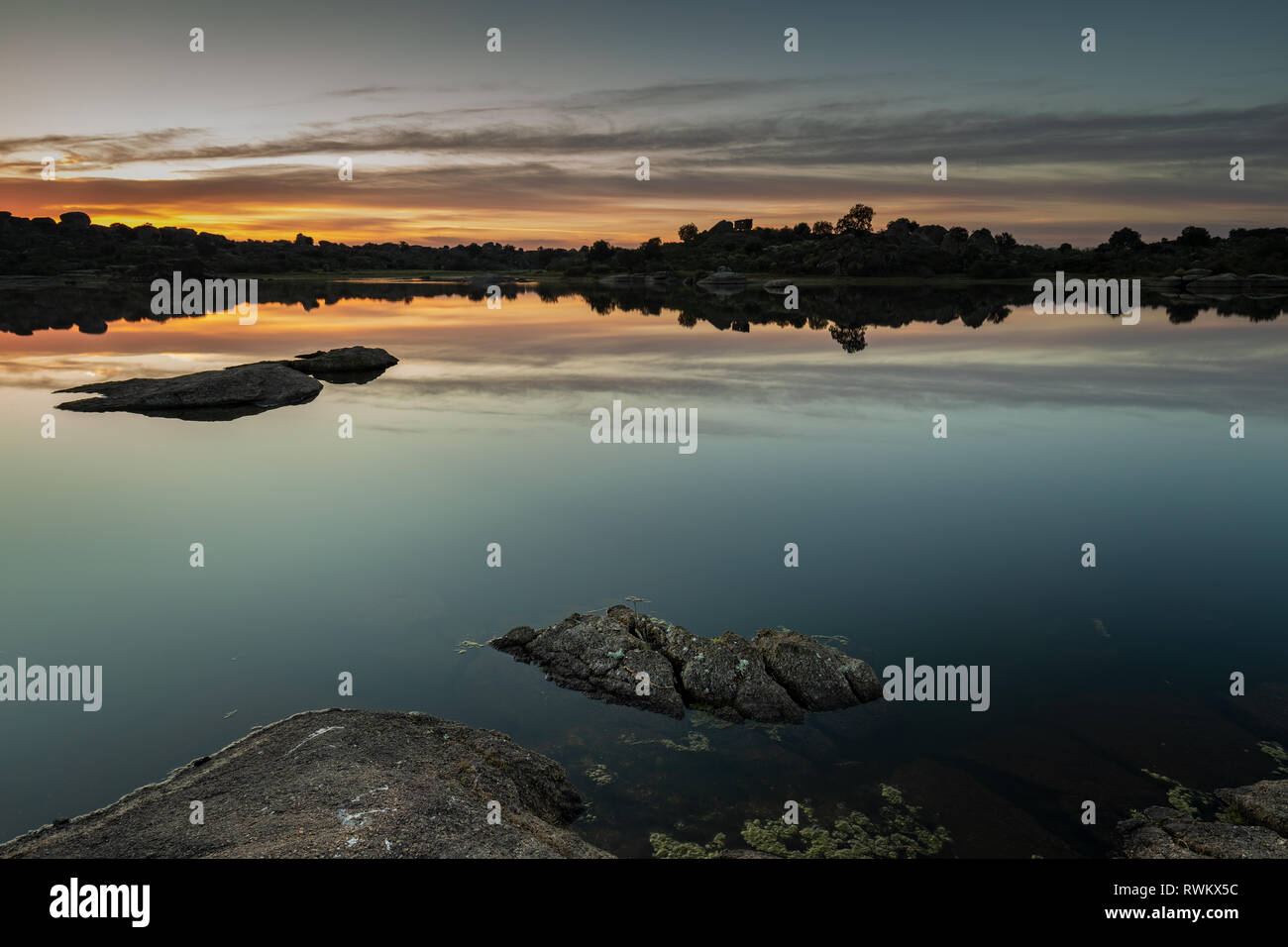 Landscape at sunrise in the Natural Area of Barruecos. Extremadura. Spain. Stock Photo