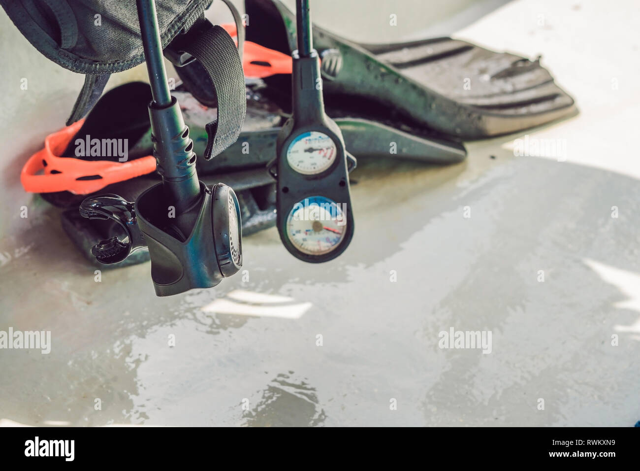 Equipment for diving and underwater compass are ready to dive Stock