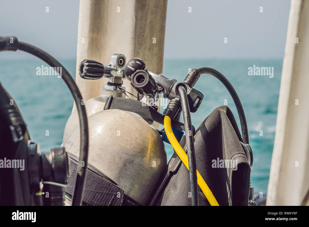 scuba compressed air tank on boat. Ready for diving Stock Photo Alamy
