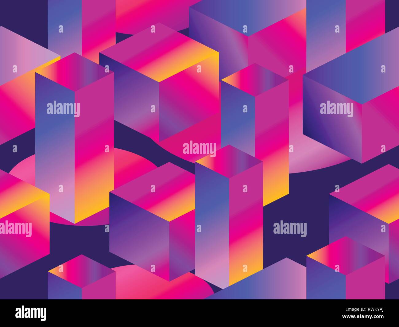 Geometric shapes in isometric style with gradient. Futuristic seamless pattern. Retrowave. Vector illustration Stock Vector