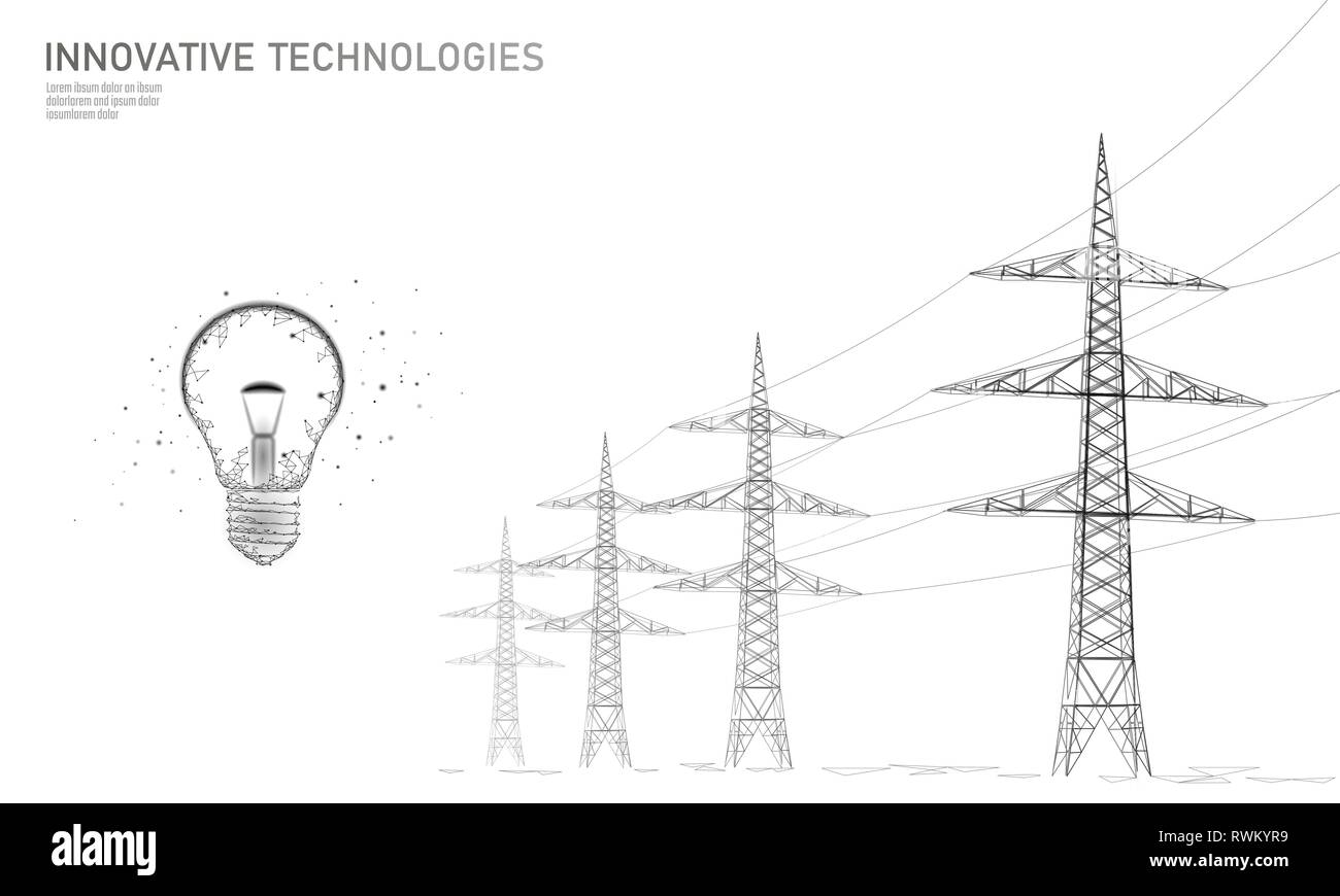 Low poly high voltage power line idea bulb. Electricity supply industry pylons outlines black white. Innovation electrical technology solution banner Stock Vector