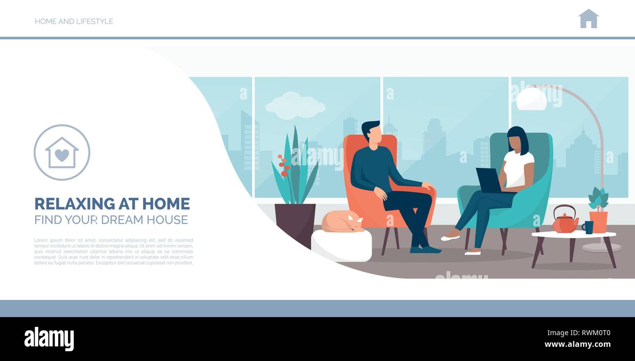 Couple relaxing at home sitting on the armchairs  in the living room, the woman is connecting with her laptop, lifestyle and interior design concept Stock Vector