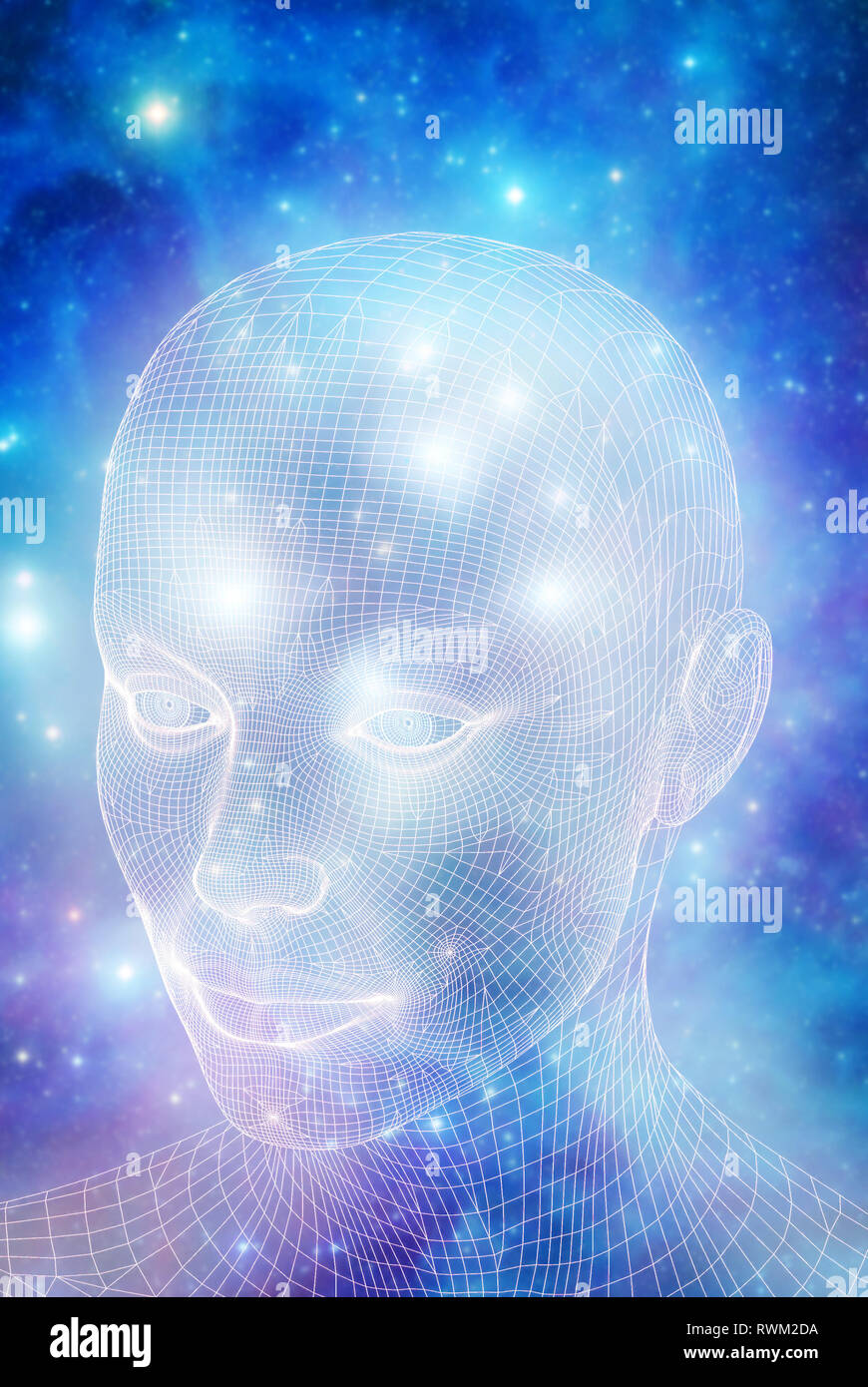 wireframe 3D model of a female head, AI and technological singularity concept Stock Photo
