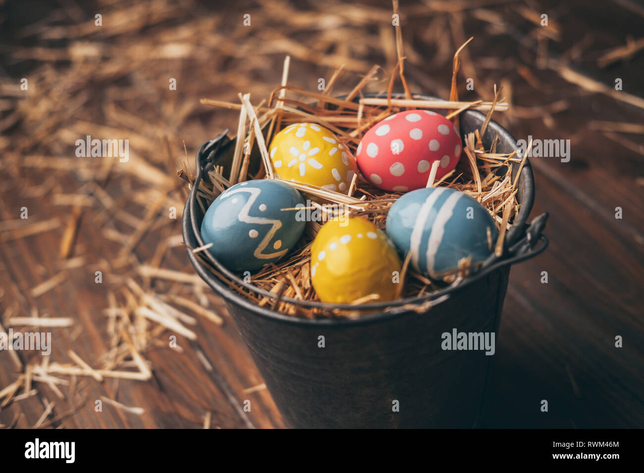 Set of Easter eggs on straw Stock Photo