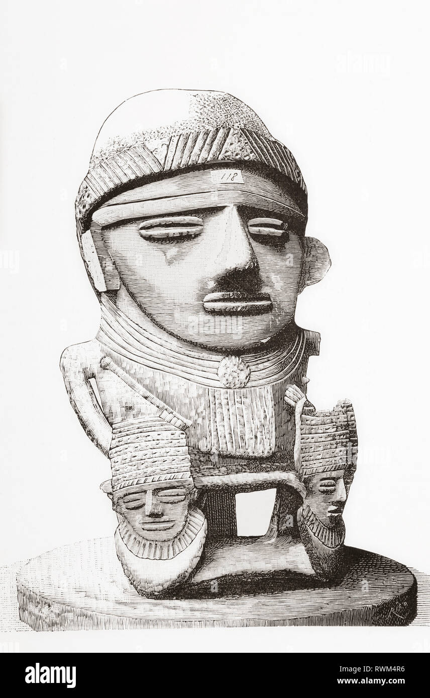 Ceramic figure sitting on a litter, of a cacique, or chief, from the Bogota savanna, Colombia, South America.  From La Ilustracion Artistica, published 1887. Stock Photo