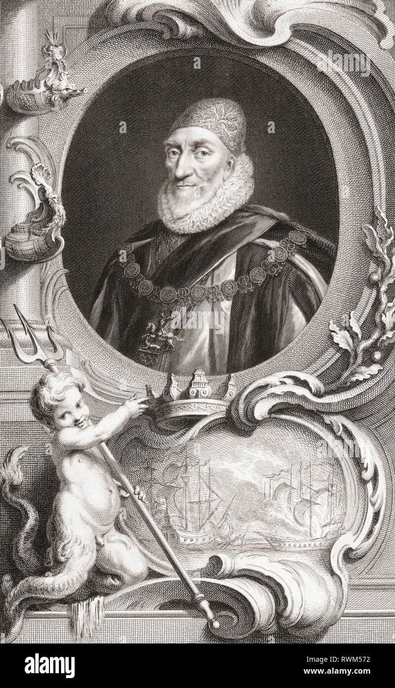 Charles Howard, 1st Earl of Nottingham, 2nd Baron Howard of Effingham, known as Howard of Effingham,1536 – 1624.  Statesman and Lord High Admiral for Elizabeth I and James I, commander of the Spanish Armada.  From the 1813 edition of The Heads of Illustrious Persons of Great Britain, Engraved by Mr. Houbraken and Mr. Vertue With Their Lives and Characters. Stock Photo