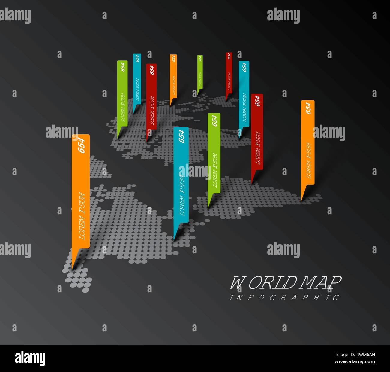 Light World map infographic template with pointer marks - dark version ...