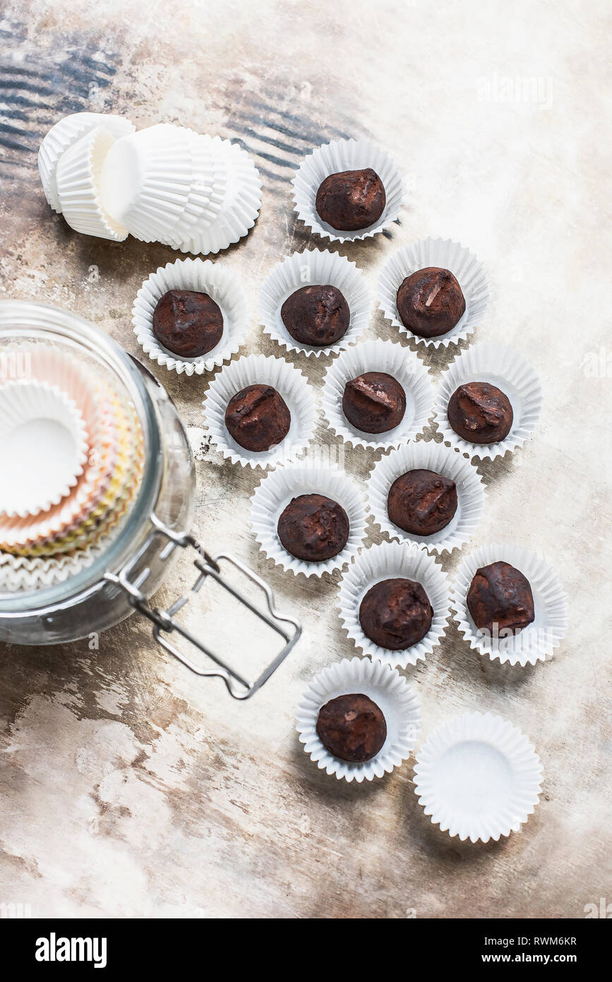 Chocolate truffles in baking cups Stock Photo