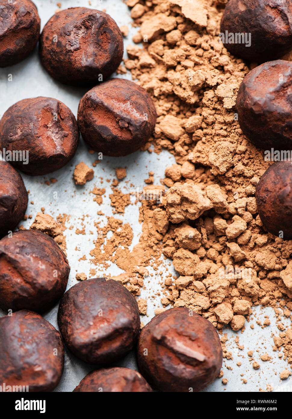 Chocolate truffles and cocoa powder Stock Photo