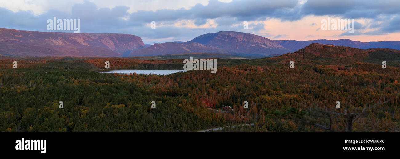 View of Gros Morne Mountian at Sunset, Gros Morne National Park, Newfoundland and Labrador Stock Photo
