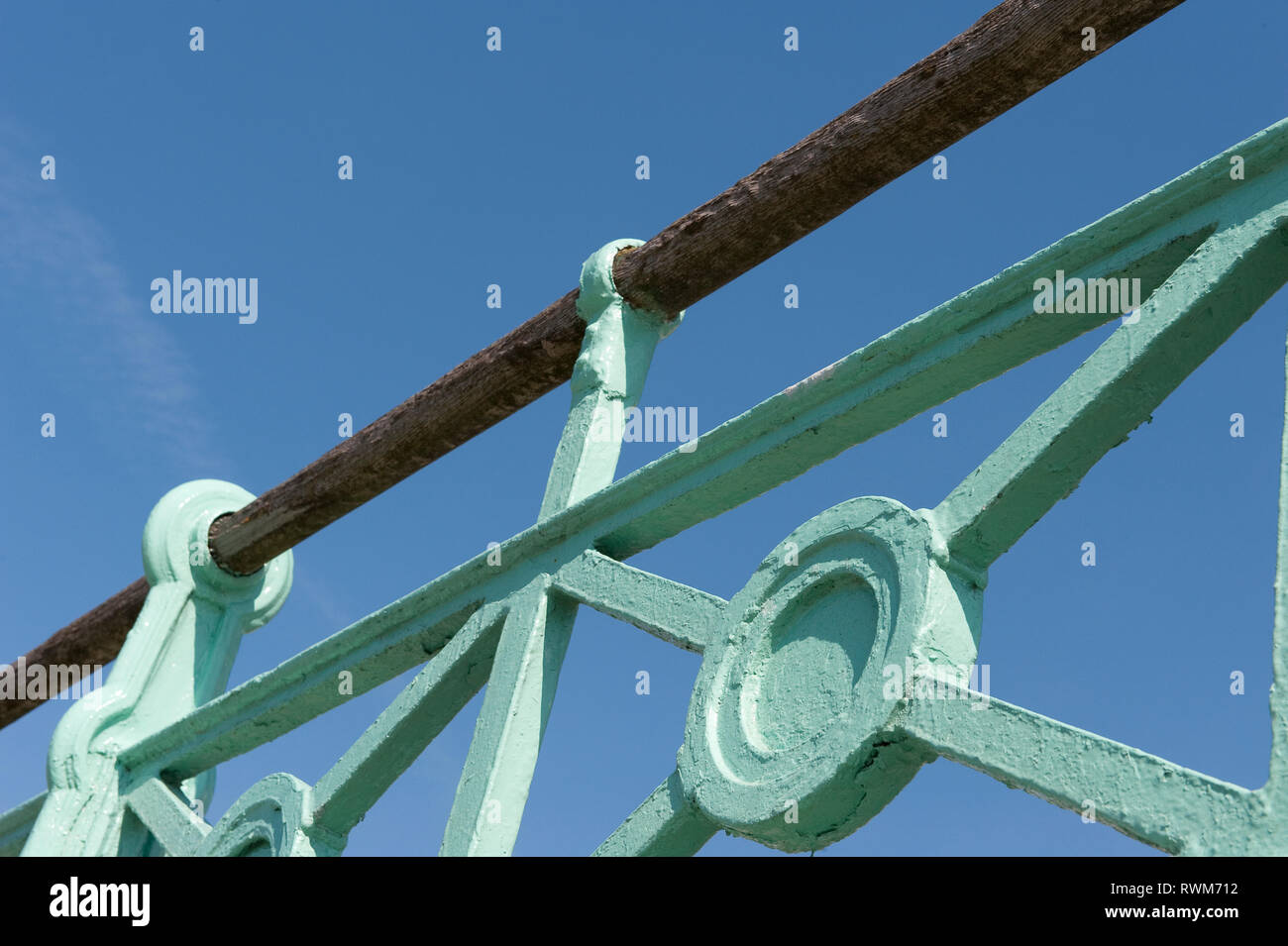 Close up of wooden and metal railings in the coastal town of Brighton