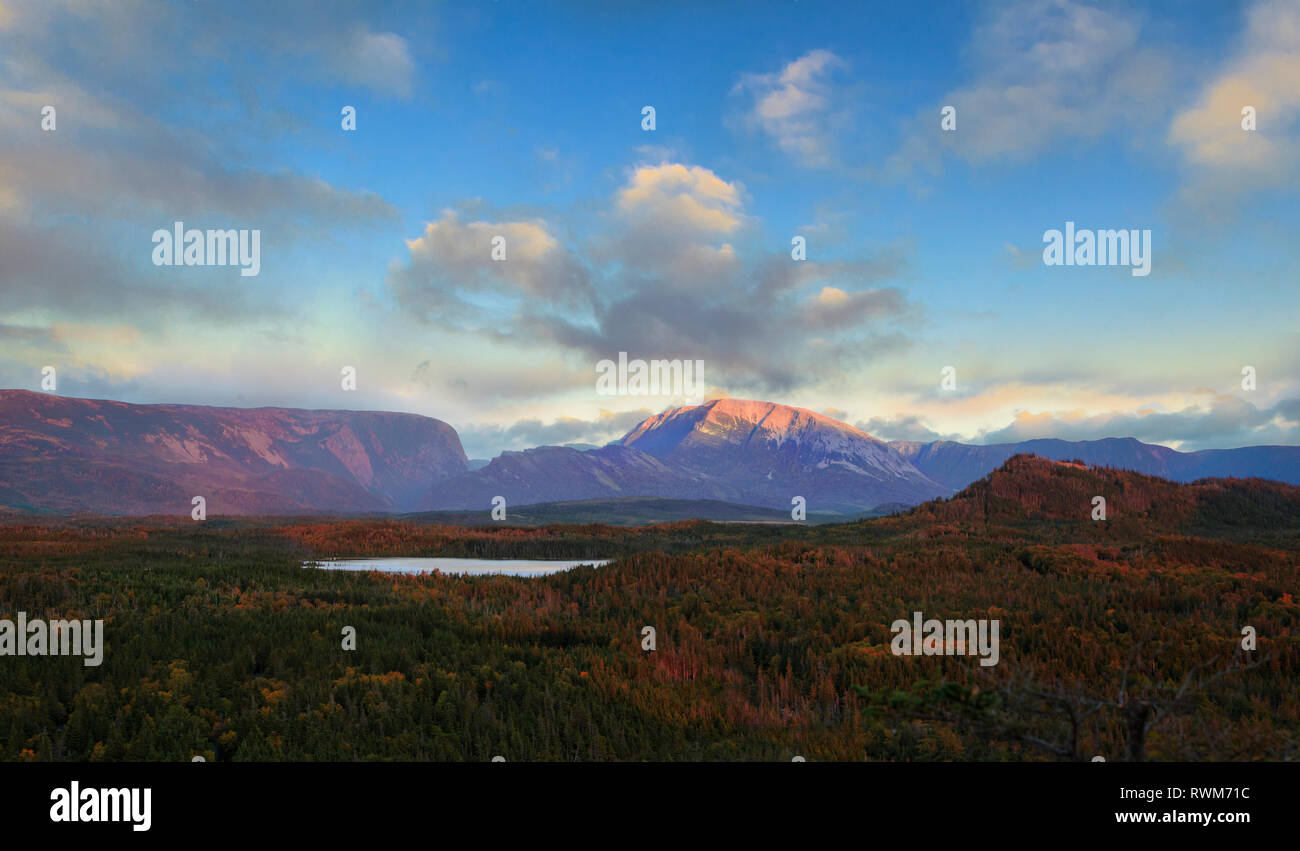 View of Gros Morne Mountian at Sunset, Gros Morne National Park, Newfoundland and  Labrador Stock Photo