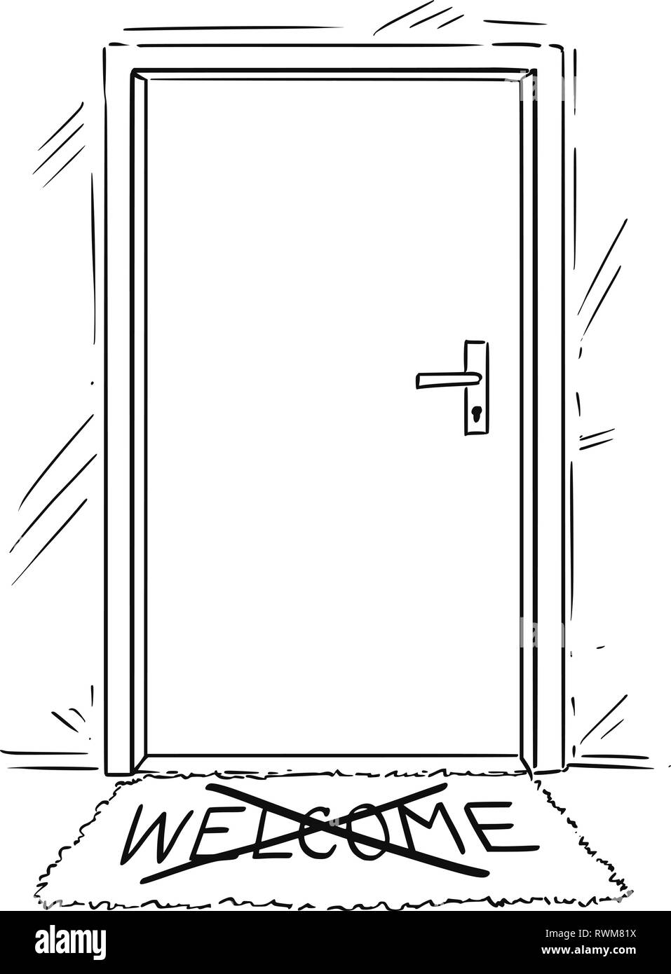 https://c8.alamy.com/comp/RWM81X/cartoon-drawing-of-closed-door-with-cross-out-welcome-text-on-mat-or-doormat-RWM81X.jpg