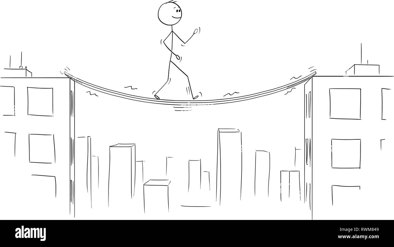 Cartoon of Man or Businessman Walking on Unstable Bridge Between High Buildings Stock Vector
