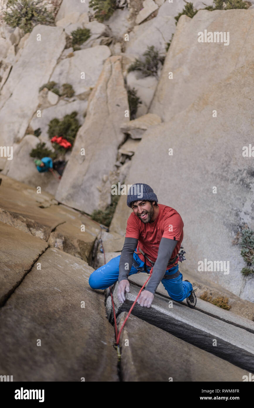 Climber trad climbing, Pine Creek, Bishop, California, USA Stock Photo