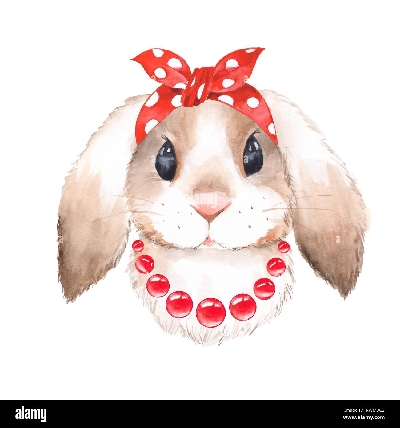 Bunny wearing bandana. Watercolor illustration Stock Photo