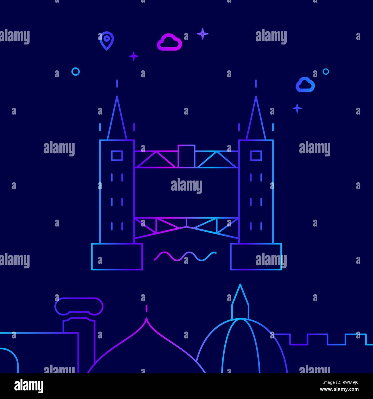 Tower Bridge, London Vector Line Illustration. Historical Landmarks Gradient Icon, Symbol, Pictogram, Sign. Dark Blue Background. Stock Vector