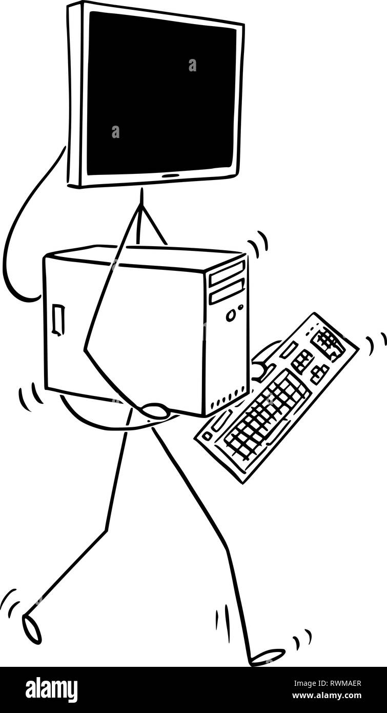 Cartoon of Walking Desktop Computer With Monitor as Head Stock Vector