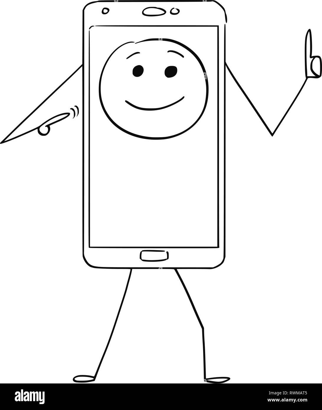 Cartoon of Mobile Phone Character With Emoticon on Display as Head Stock Vector