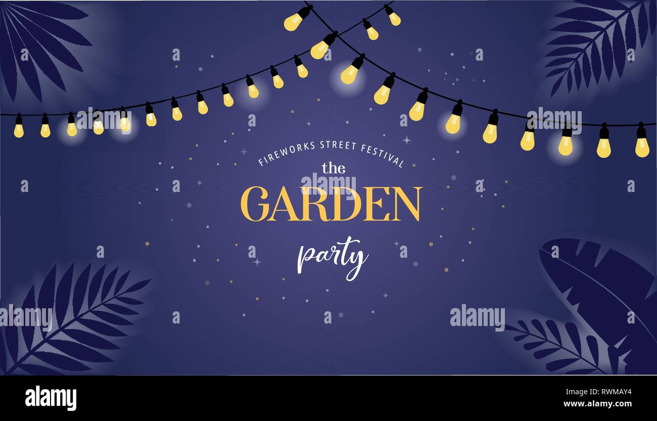 Night garden party banner, invitation card. Vector design template Stock Vector
