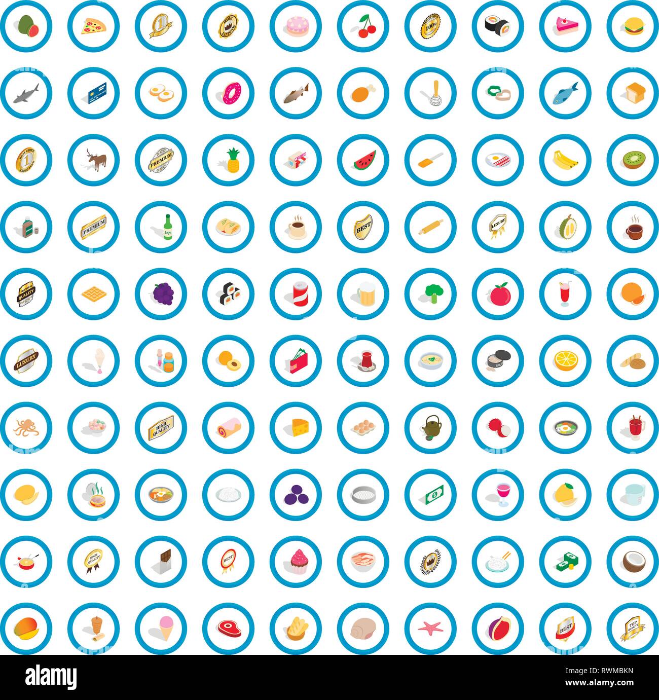 100 delicious icons set, isometric 3d style Stock Vector