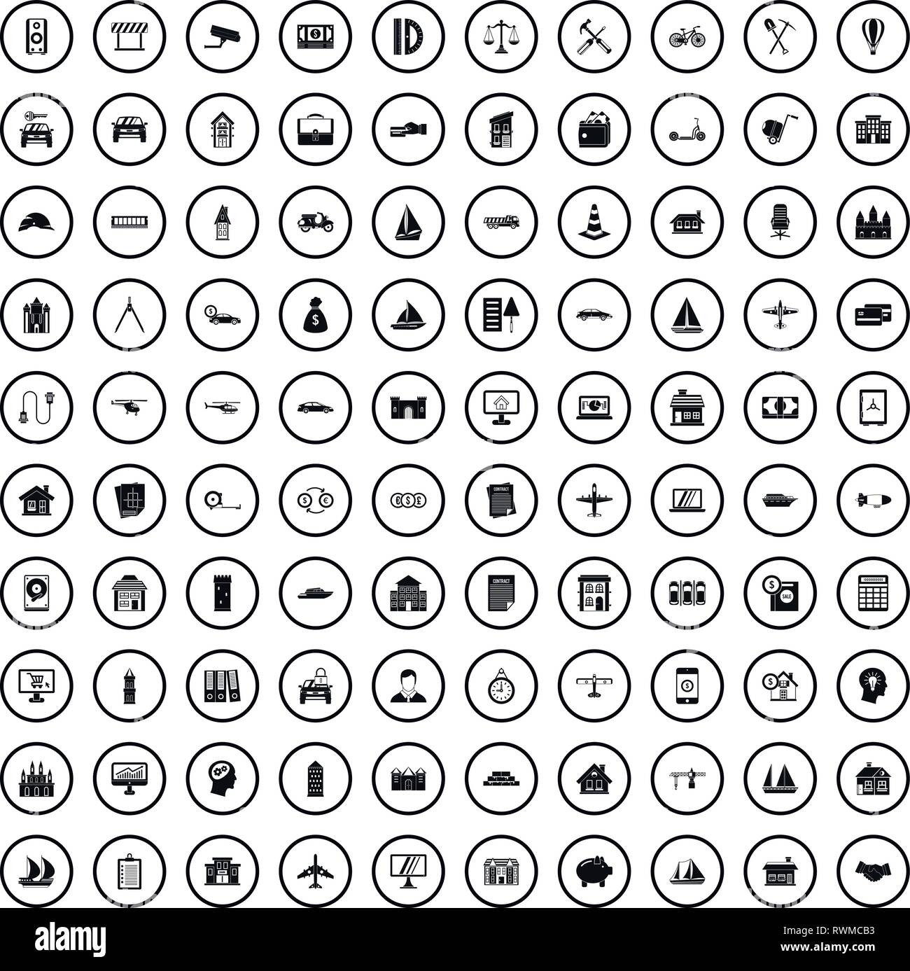 100 private property icons set, simple style  Stock Vector