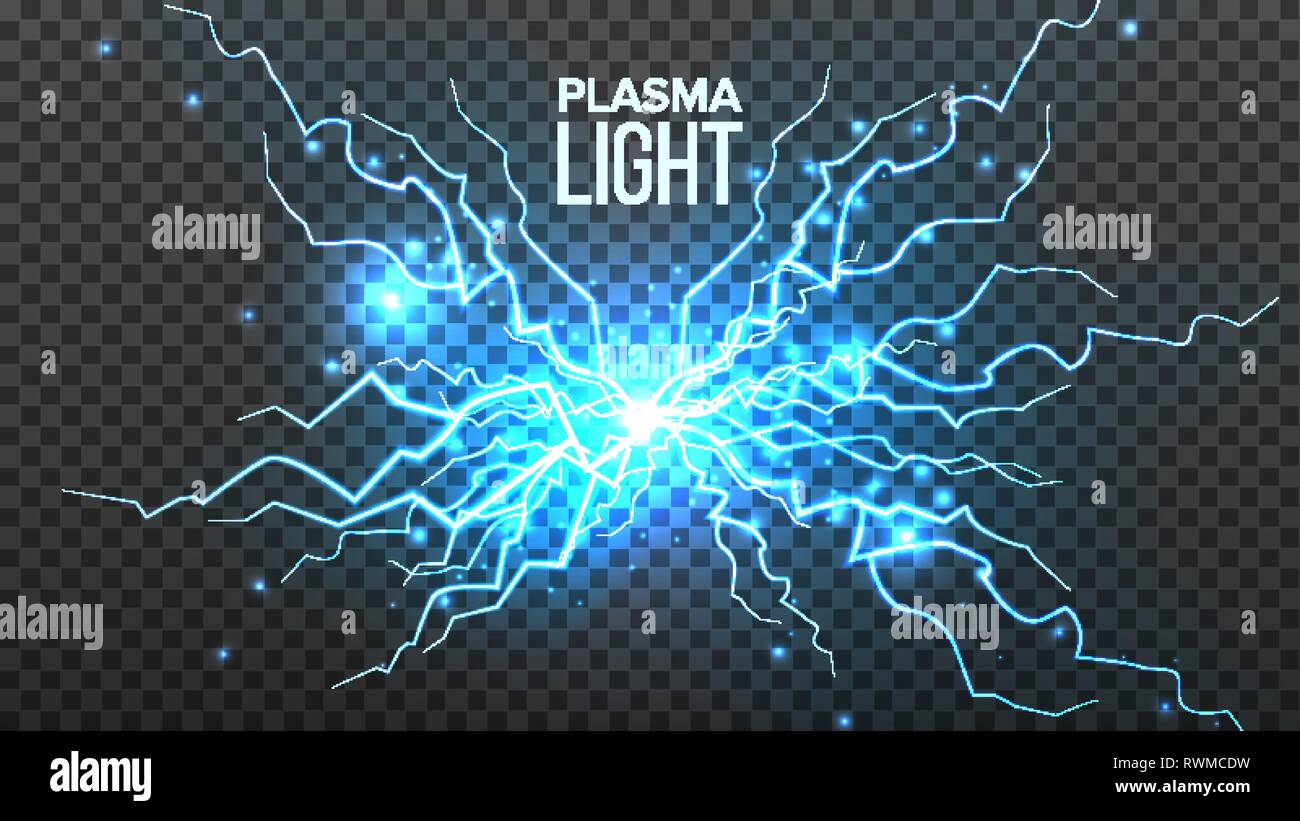 Plasma Light Vector. Electric Power. Energy Effect. Blue Spark Bolt. Realistic Isolated Transparent Illustration Stock Vector