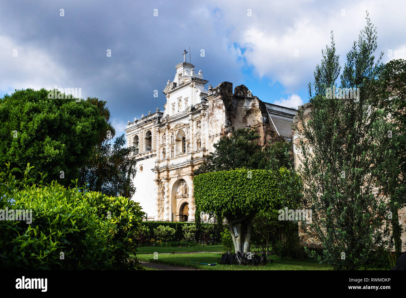 Church of San Fransisco el Grande in styled garden with sunshine, Antigua, Guatemala Stock Photo