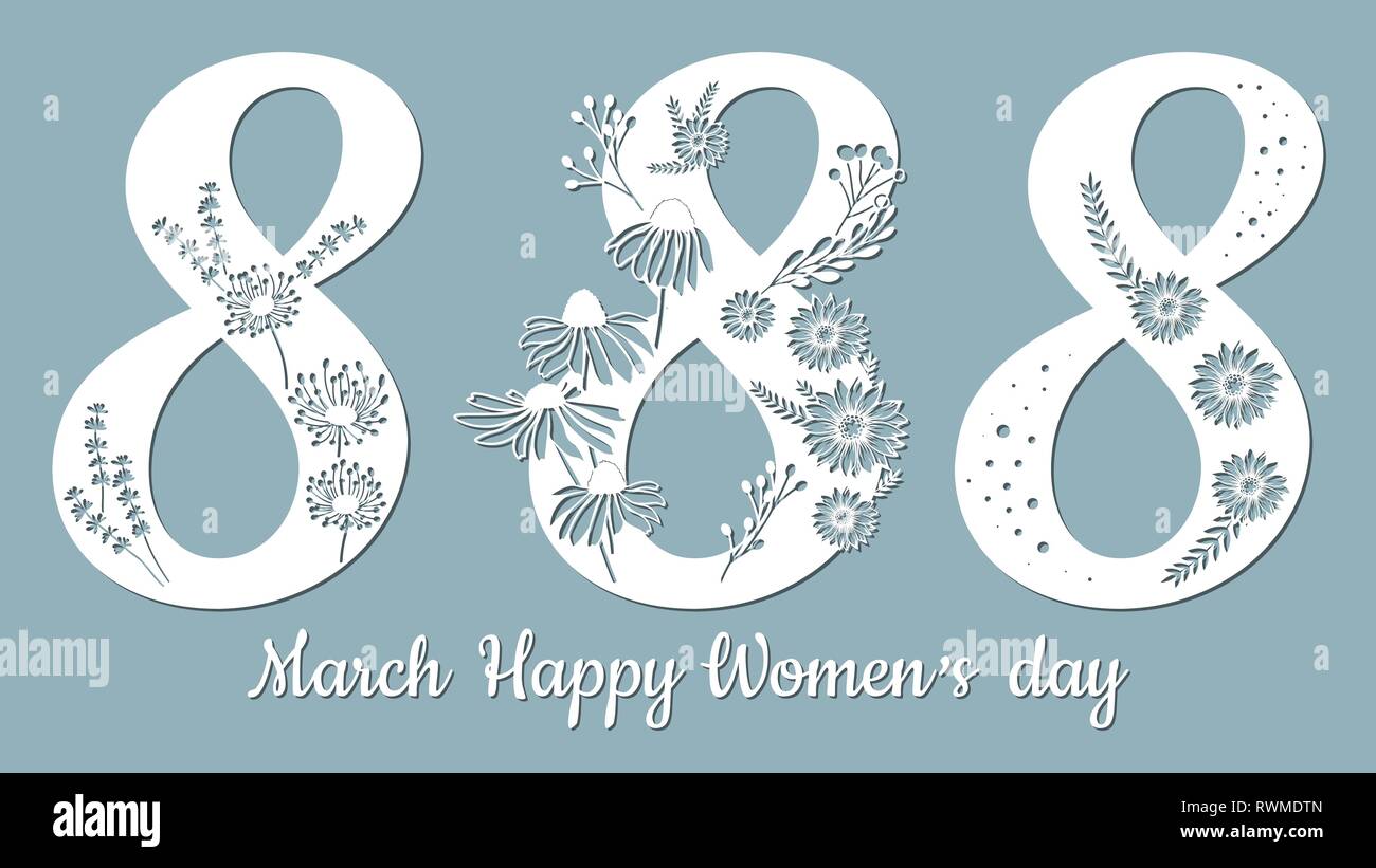 Decoration for women's day - 8 March. dandelion, Echinacea, chamomile, chrysanthemum, leaves. Template for laser cutting. Paper cut and printing. Vect Stock Vector