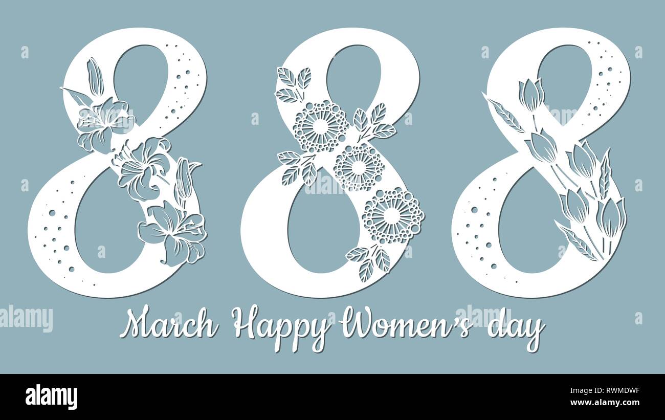 Decoration for women's day - 8 March. Lily, dandelion, Tulip, leaves. Template for laser cutting. Paper cut and printing. Vector illustration. Plottin Stock Vector