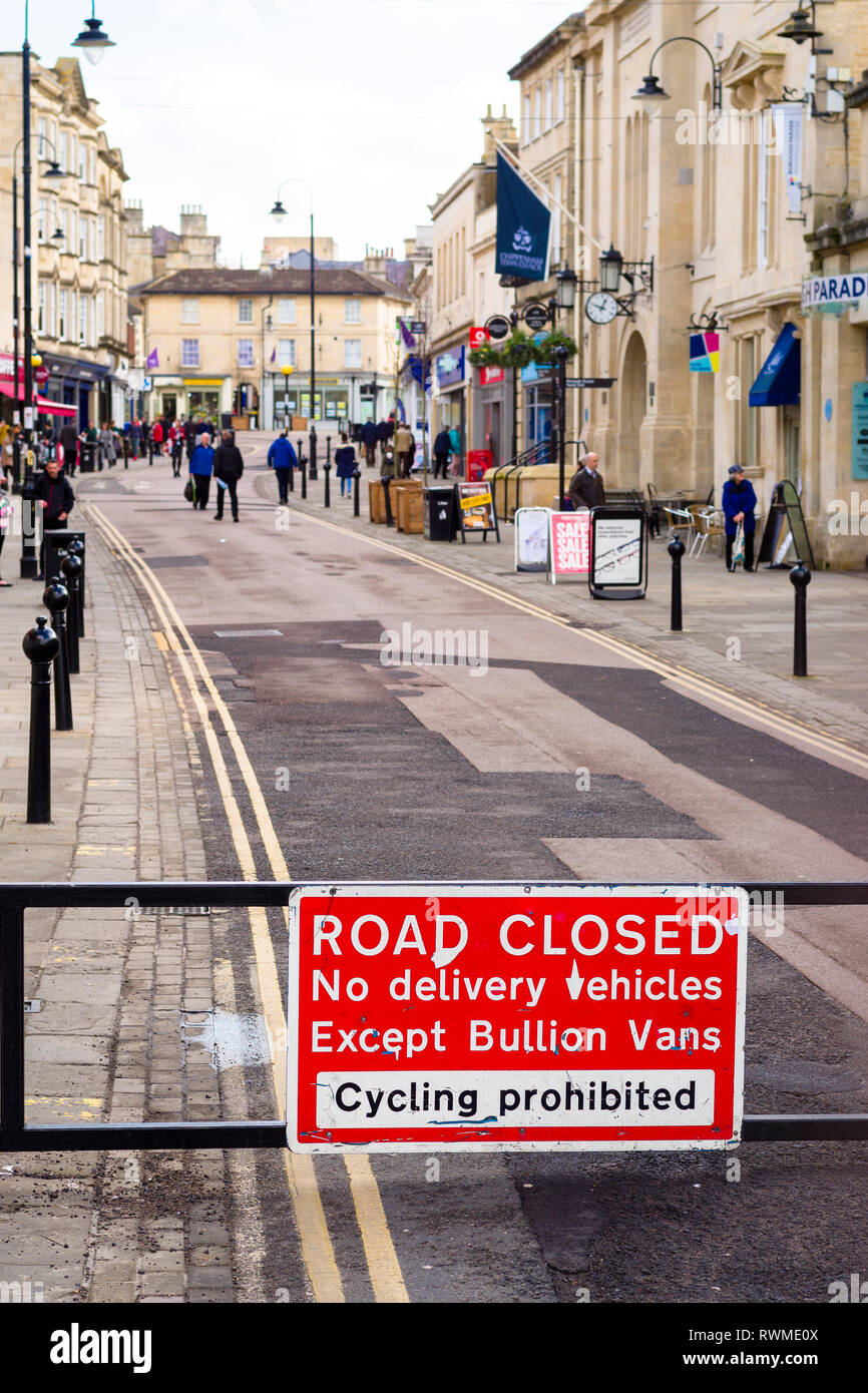 Sign ROAD CLOSED in Chippenham Wiltshire town centre thus creating a