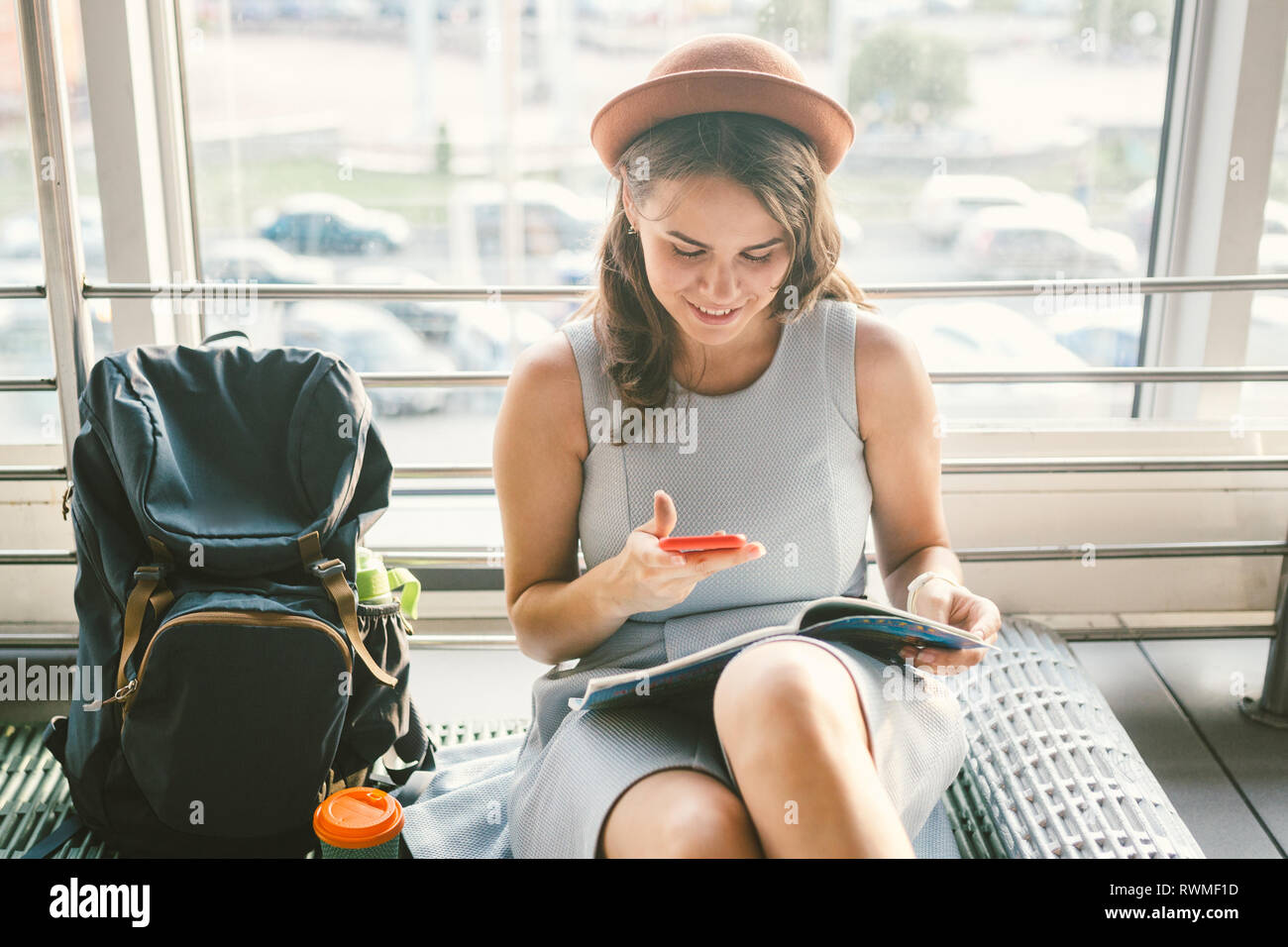 theme of tourism and travel of young student. Beautiful young caucasian ...