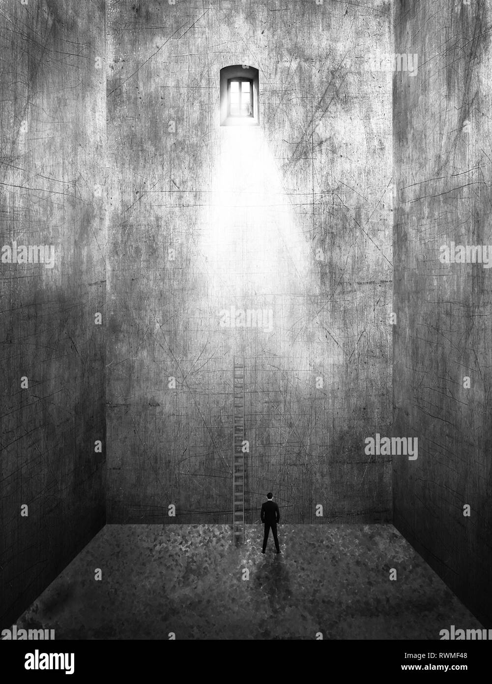 Image of a man standing in an empty room with tall walls and a ladder leading up to the sunlight streaming from a window far above, composite image Stock Photo