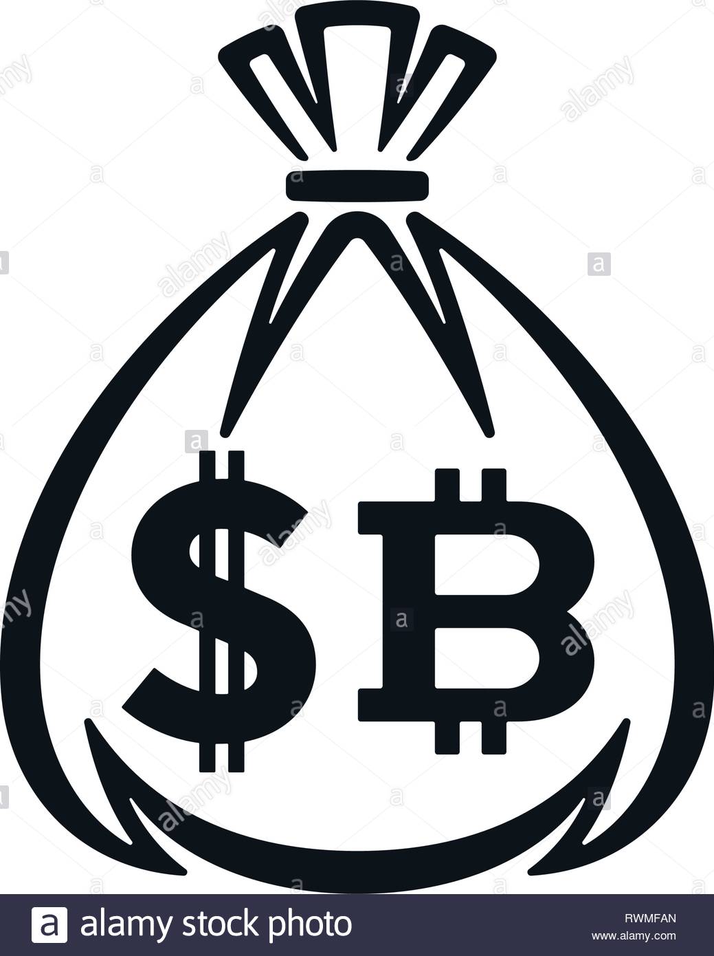 Money Bag Icon With Dollar Sign And Bitcoin On White - 