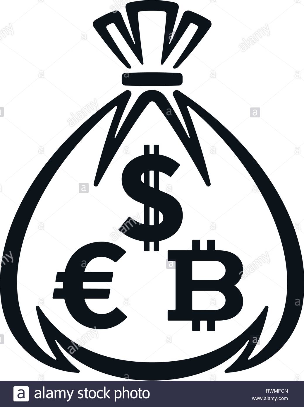 Money Bag Icon With Dollar Sign Euro Symbol And Bitcoin On - 