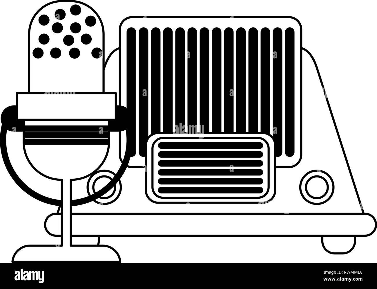 vintage old radio and microphone black and white Stock Vector Image ...