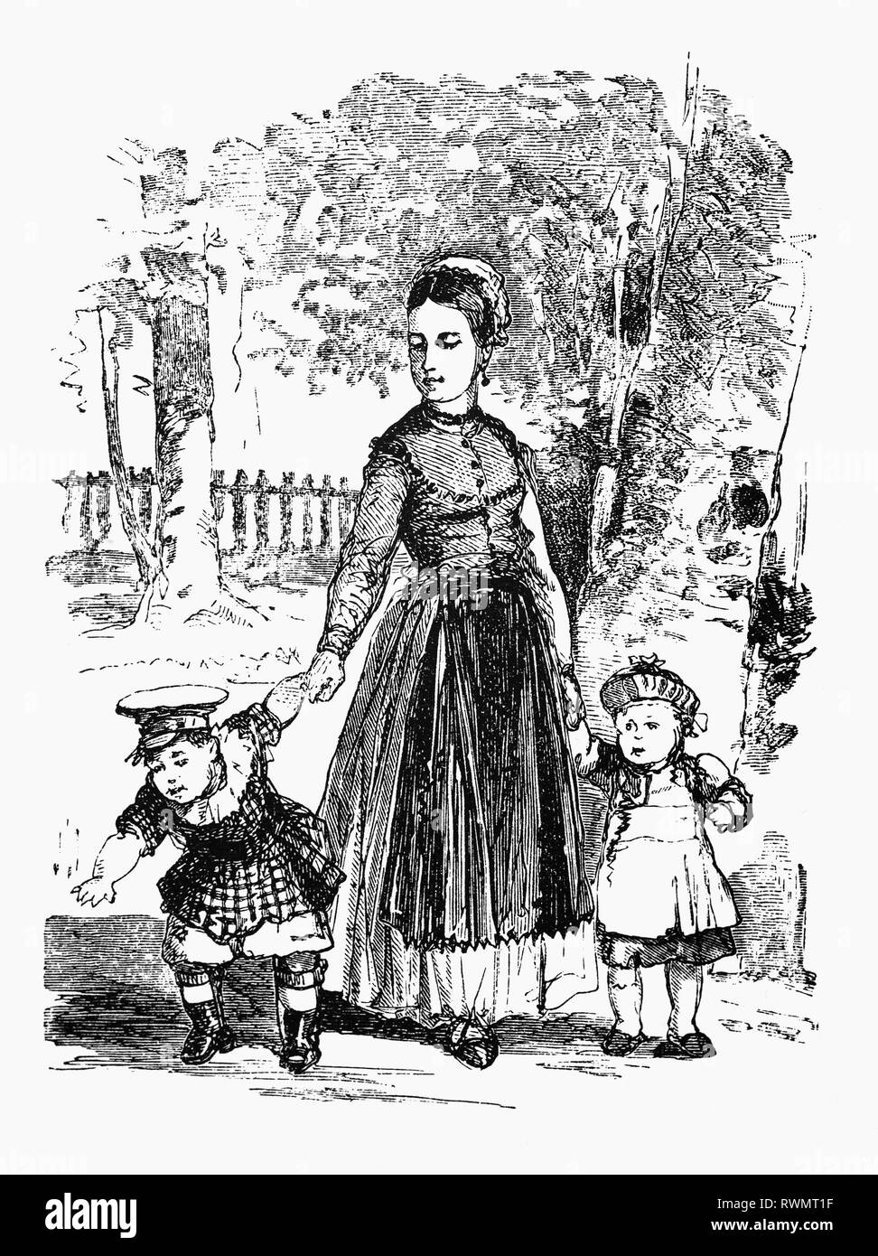 A  19th Century nursemaid with two children in her care in a park in Haarlem, The Netherlands.  From the Camera Obscura, a collection of Dutch humorous-realistic essays, stories and sketches in which Hildebrand, the author, takes an ironic look at the behavior of the 'well-to-do', finding  them bourgeois and without a good word for them. Stock Photo
