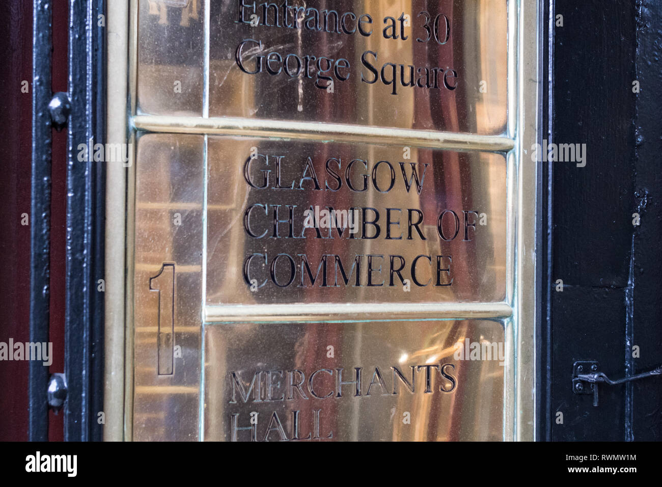plaque at the Glasgow Chamber of Commerce, George Square, (West George Street entrance sign), Glasgow, Scotland, UK Stock Photo