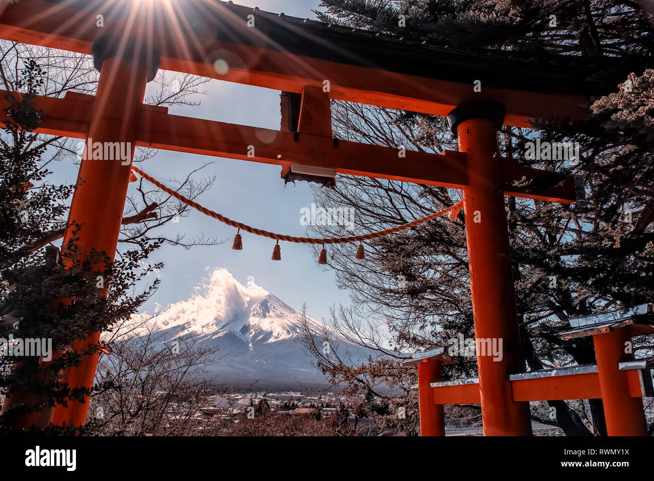 On the way to Chureito pagoda. View of the mount Fuji in daytime Stock Photo