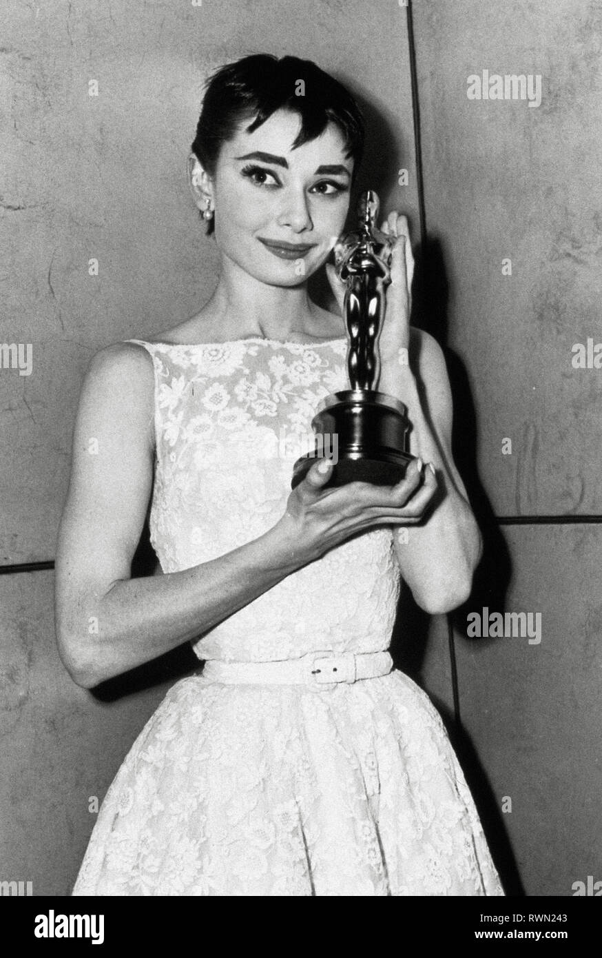 Audrey Hepburn wearing a white floral dress by Hubert de Givenchy at the 26th Annual Academy Awards held at the NBC Century Theatre in New York City on March 25, 1954. Hepburn won best actress for 'Roman Holiday'  File Reference # 33751 477THA Stock Photo