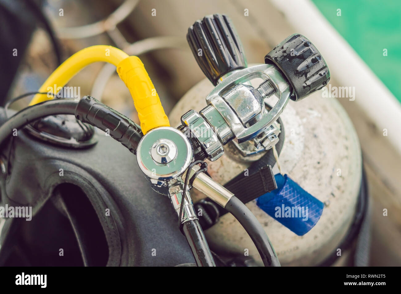scuba compressed air tank on boat. Ready for diving Stock Photo Alamy