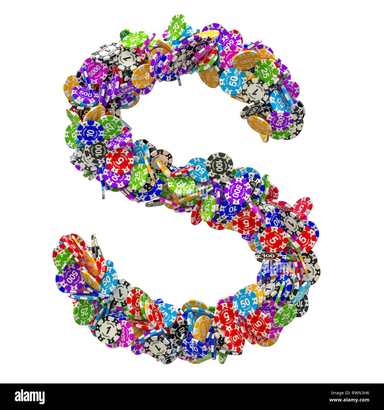 Alphabet letter S from gambling chips. 3D rendering isolated on white background Stock Photo