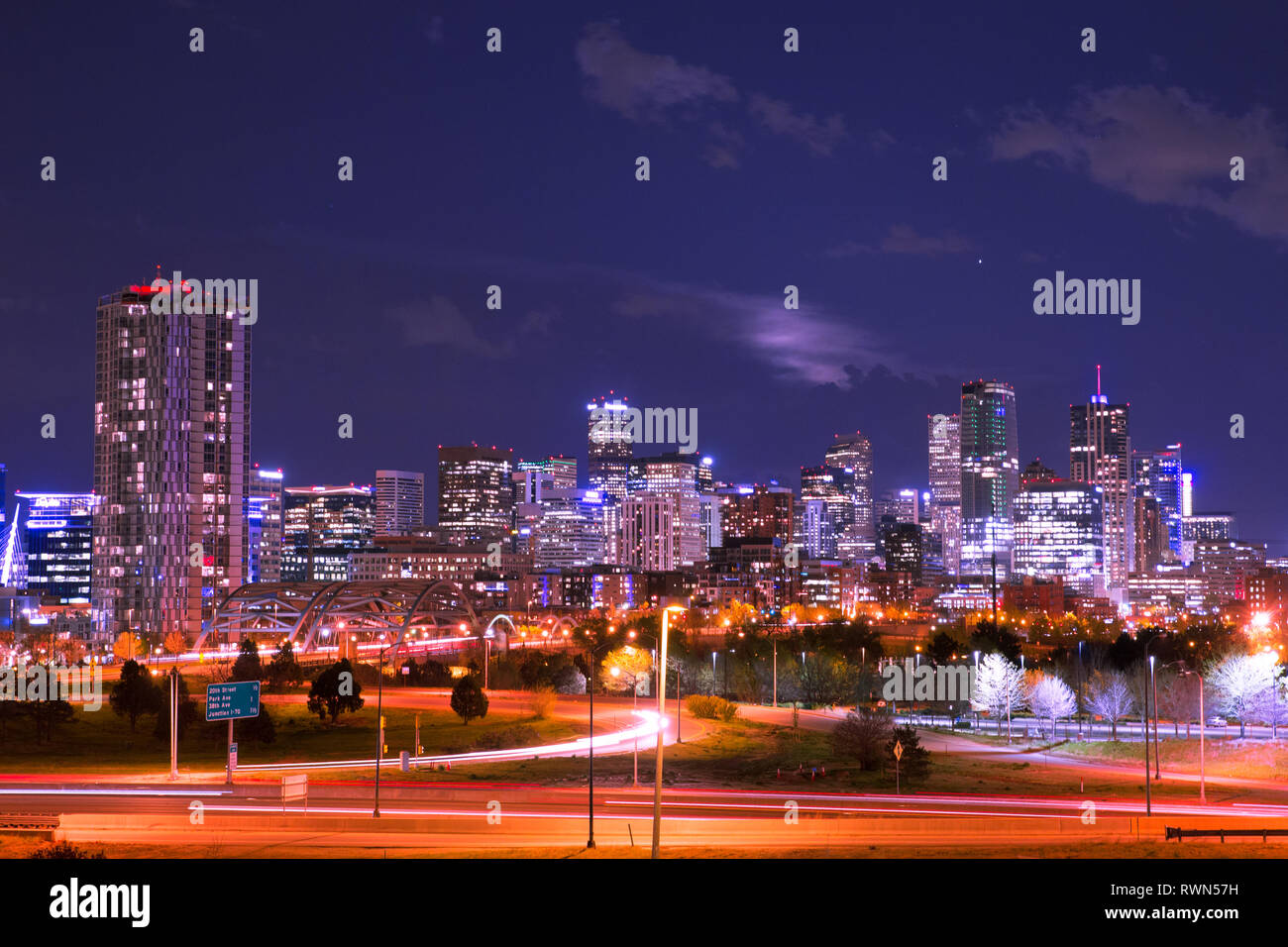 Night scene of the Denver Colorado skyline Stock Photo