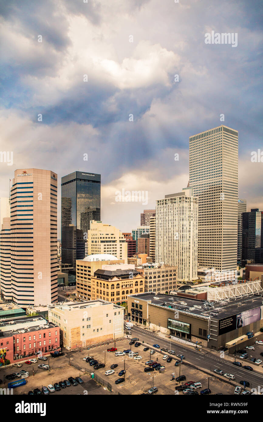 View of modern buildings in the downtown Denver Colorado skyline Stock Photo
