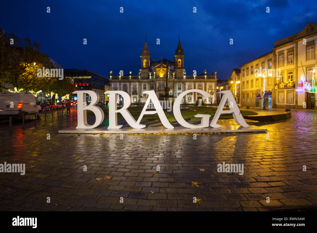 Christmas lighting at Braga in in Minho province of  Northen Portugal Stock Photo