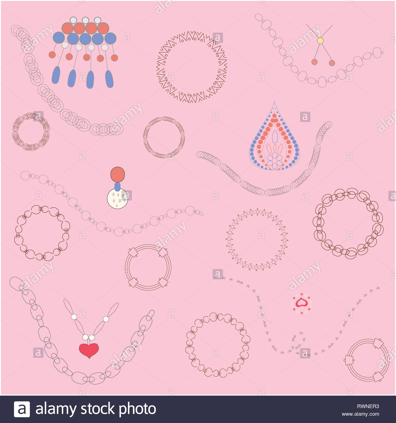 Colourful Jewellery On Pink Background Hand Drawn Illustration T