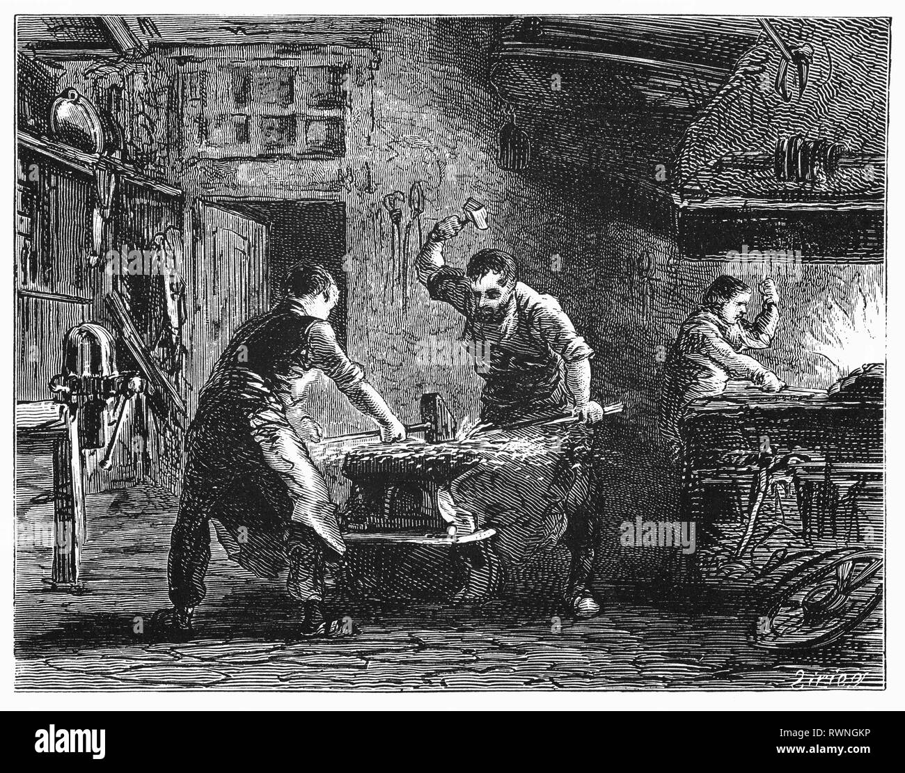 Blacksmiths shaping metal, the blows from the sledgehammer spread a horizontal fountain of fire, where the black face of the blacksmith was brilliantly illuminated; Haarlem, the Netherlands. From the Camera Obscura, a collection of Dutch humorous-realistic essays, stories and sketches in which Hildebrand, the author, takes an ironic look at the behavior of the 'well-to-do', finding  them bourgeois and without a good word for them. Stock Photo
