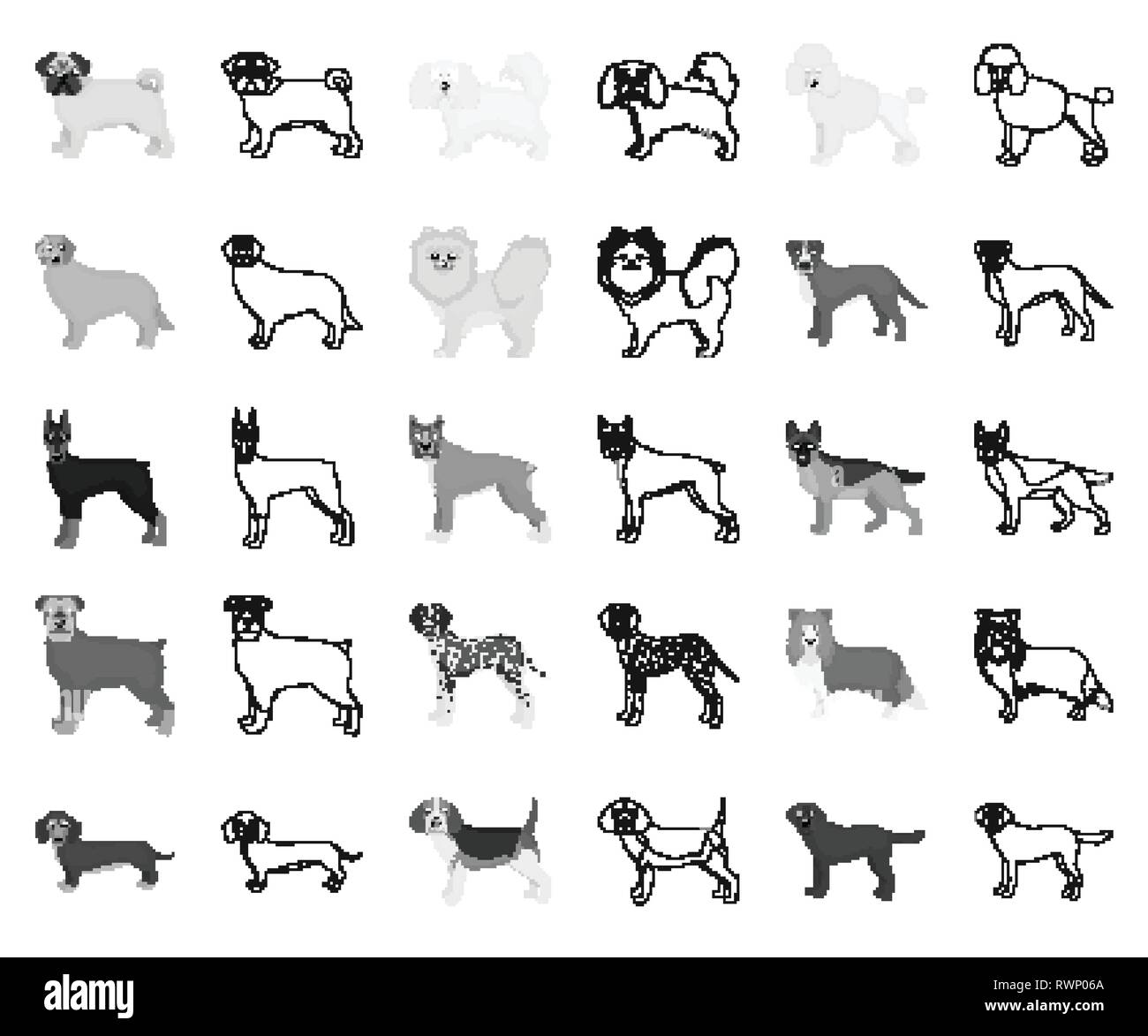 Dog breeds monochrome,outline icons in set collection for design.Dog pet vector symbol stock  illustration. Stock Vector